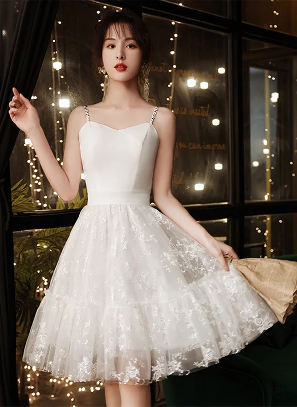 White Satin and Lace Straps Short Party Dress, White Lace Homecoming Dress Tunics Wedding white
