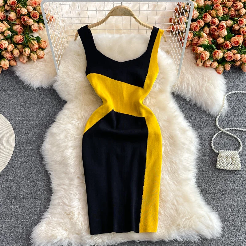 Sexy contrast tank top skirt slim elastic V-neck  2811 lemon yellow tank