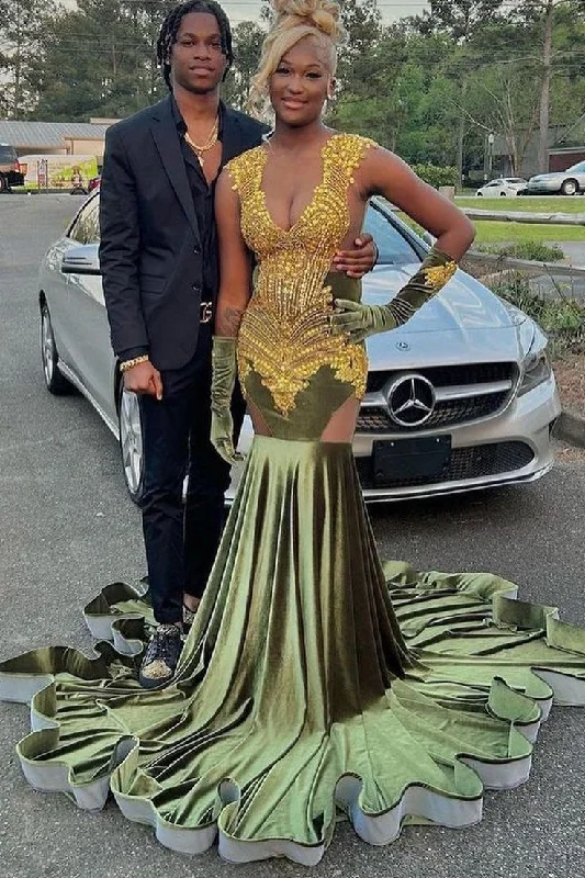Olive Green Velvet Appliques Black Girl Mermaid Long Party Dress, DP2112 Tunics Essential wardrobe