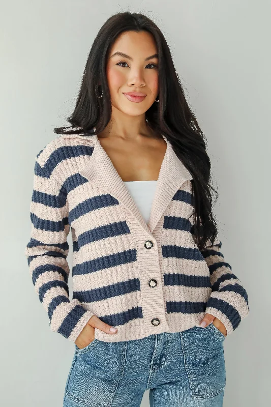 FINAL SALE - Perfected Cutie Navy Striped Sweater Cardigan Nylon Fabric Polyester Fabric Spandex Fabric