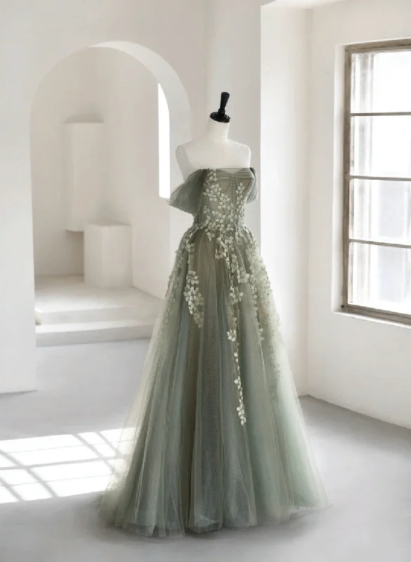 Charming Green Tulle Off Shoulder Party Dress, Green Long A-line Formal Dress Tunics Print Colorful