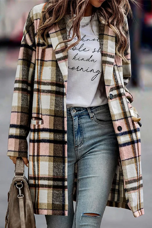 Long Plaid Jacket -  Pink Fleece Jacket Down Jacket Feather Jacket