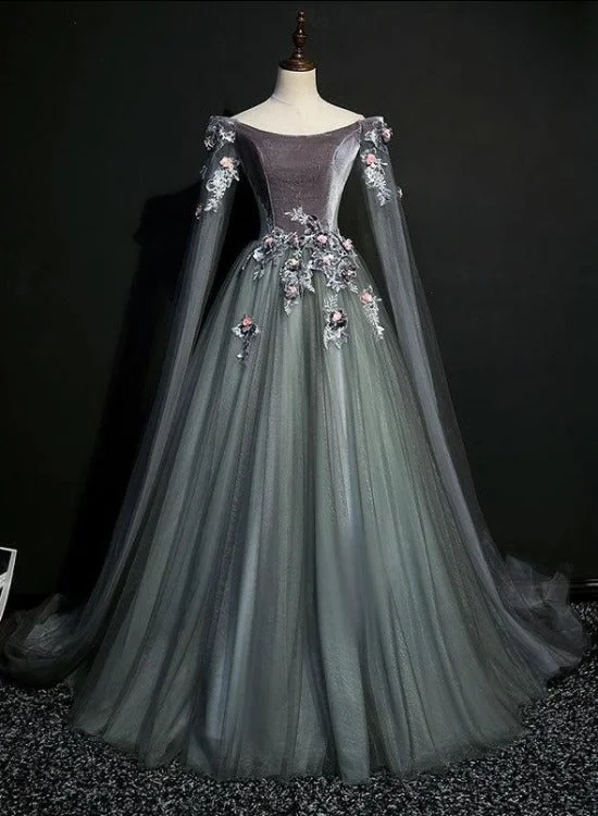 Gorgeous Velvet and Tulle Sweet 16 Gown with Flowers, Long Formal Dress Party Dresses Tunics Prom sequined