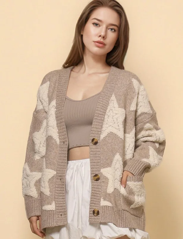 Ladies Button Closure V-Neck Star Cardigan Sweater SKT4764 Toggled Drawstring Belted