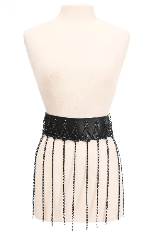 Black Faux Leather & Black Metallic Chain Fringe Skirt modal blend skirt