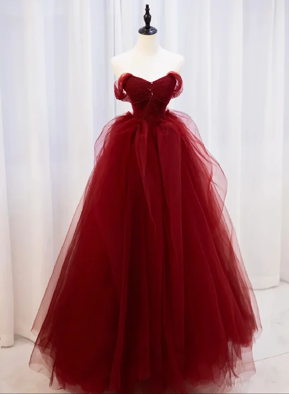Burgundy Sweetheart Ball Gown Tulle with Beaded Prom Dress, Burgundy Party Dress Tunics New arrival