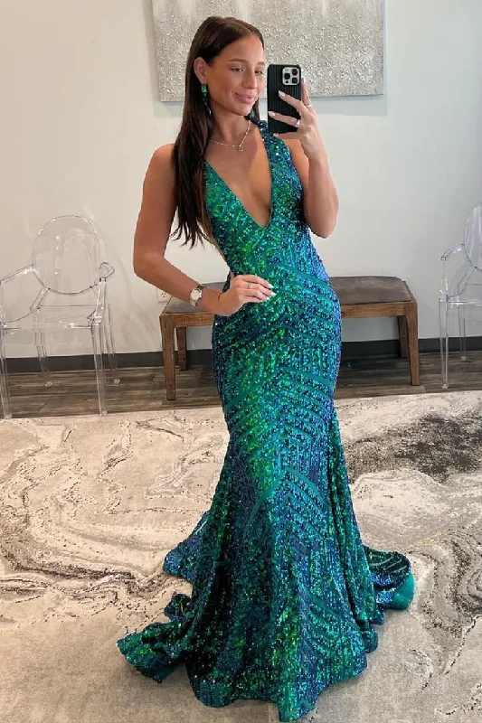 Green Sequins V Neck Mermaid Long Prom Dress Formal Party Dress,DP1326 Tunics Handmade artisanal