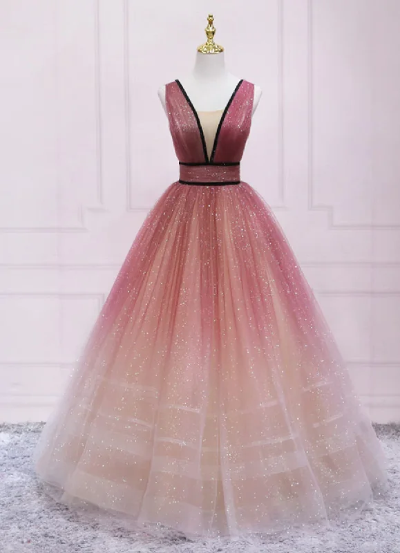 Lovely Tulle Gradient V-neckline Long Party Dress, Layers Tulle Junior Prom Dress Tunics Gym athletic