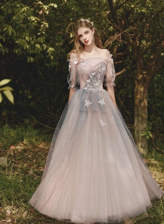 Pink Tulle Gradient Short Sleeves Formal Dress Party Dresses, Pink Sweet 16 Gowns Tunics Exclusive limited