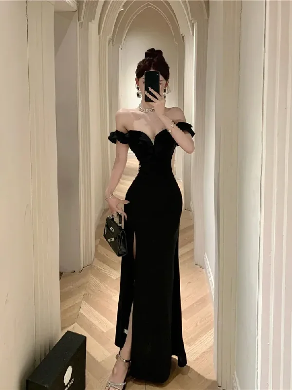 Black Off Shoulder Mermaid Long Party Dress Elegant Birthday Party Dress, DP3624 Tunics Gym athletic