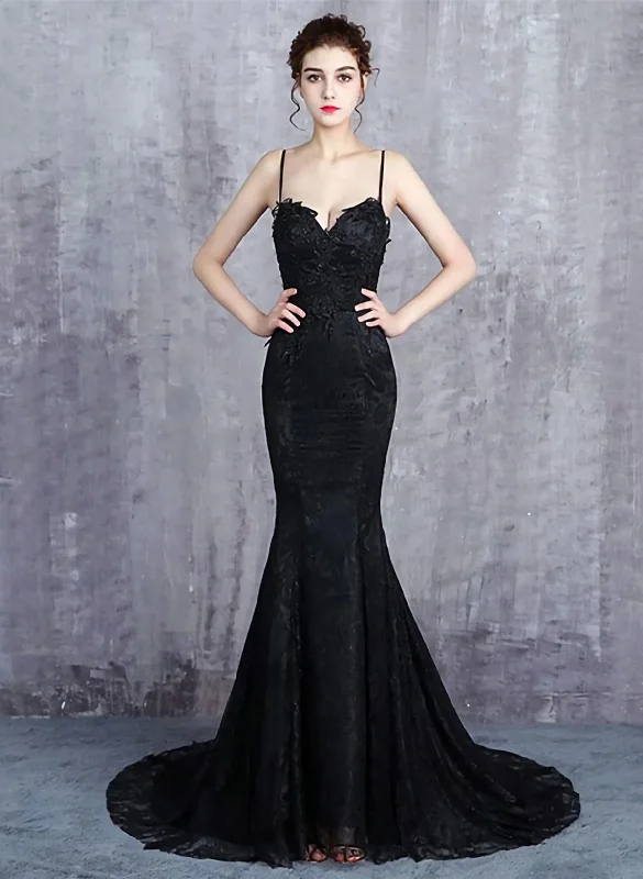 Black Mermaid Lace Straps Sweetheart Party Dress, Black Mermaid Long Formal Dress Tunics Exclusive limited