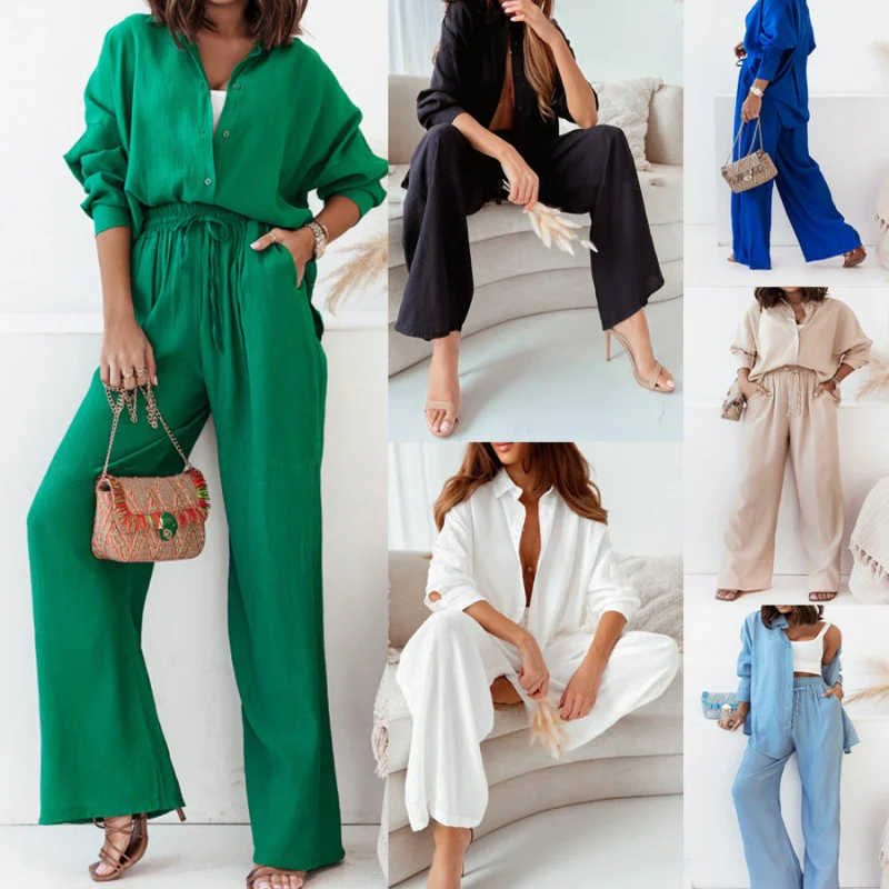 Women Solid Lapel Button Long Sleeve Top And Loose Elastic Wide Leg Pants Two Piece Set Casual Lounge Pants