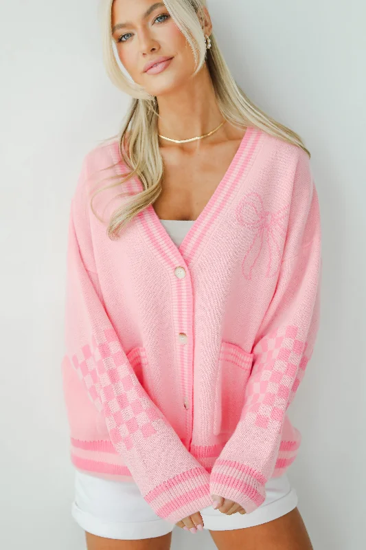 FINAL SALE - Lovable Favorite Pink Bow Sweater Cardigan Plaid Cardigan Polka Dot Checkered