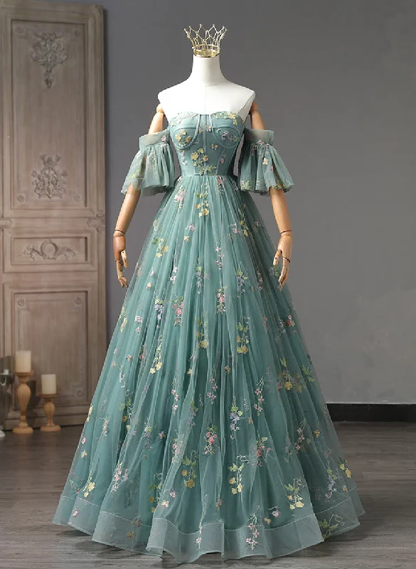 Green Floral Tulle Off Shoulder Party Dress, Elegant Long Sweet 16 Dress Tunics Short Trendy