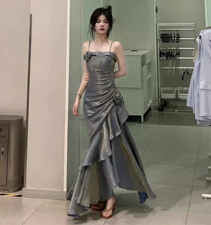 Elegant Spaghetti Straps Mermaid Ruffles Long party Dress, DP2574 Turtleneck Neckline Stylish