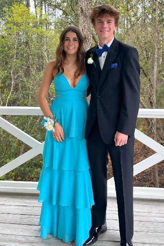 Spaghetti Straps V-Neck Sleeveless Tiered Chiffon Prom Party Dress Sequined Elegant Party