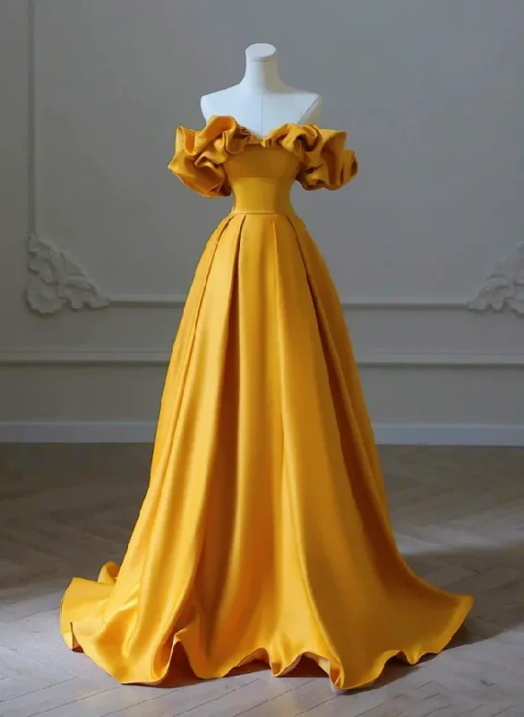 Charming Gold Satin Long Party Dress, Off Shoulder A-line Prom Dress Tunics Long Elegant