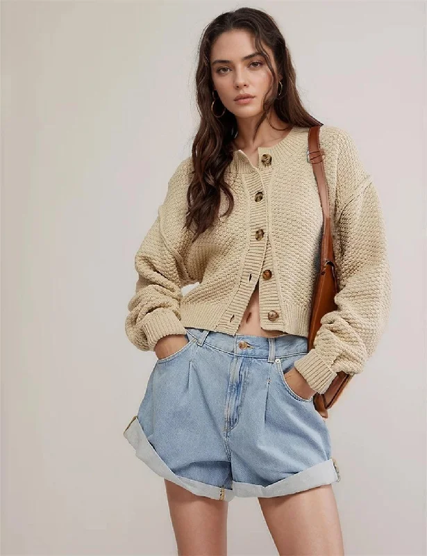 Ladies Solid Color Button Front Cardigan SKT538 Crew Neck V-Neck Turtle Neck