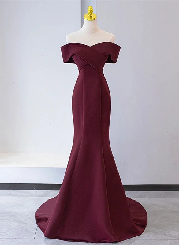 Chic Mermaid Burgundy Satin Off Shoulder Party Dress, Burgundy Long Evening Dress Prom Dress Boatneck Modish Everyday