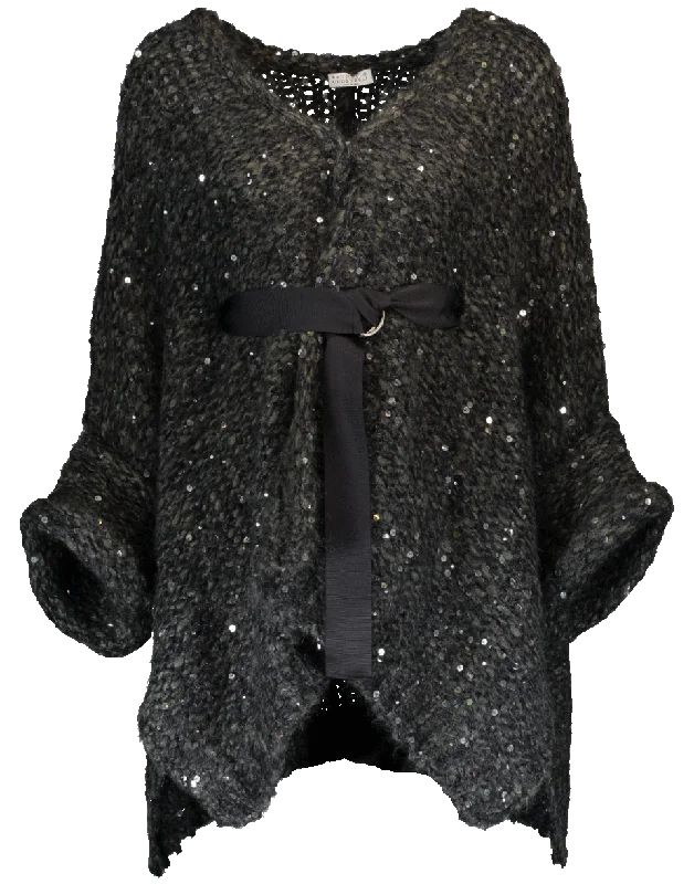 Open Knit Tie Pailette Cardigan Oversized Loose Flowy