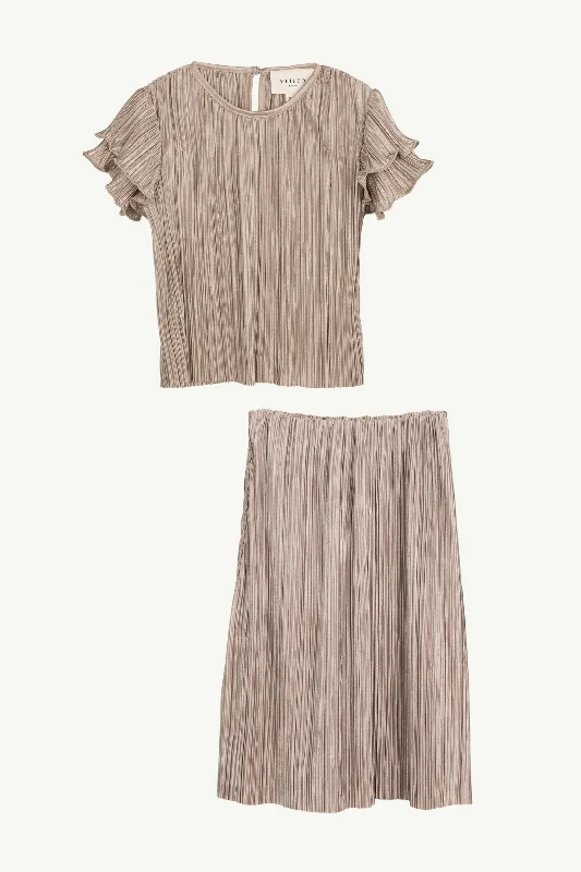 Satin Plisse Top & Skirt Set - Taupe (Girls) high waist skirt