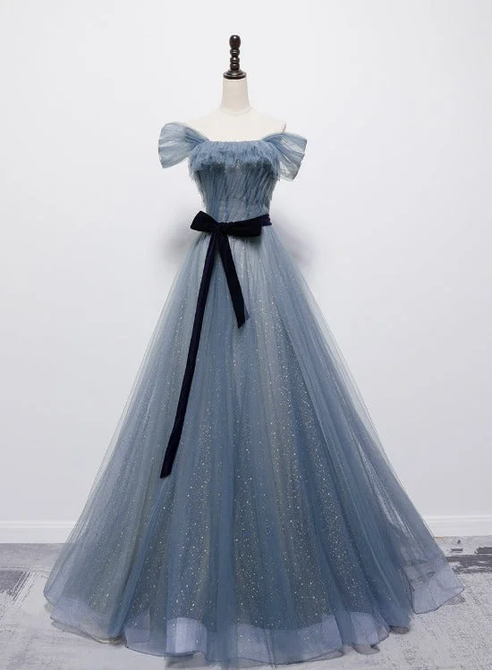 Blue Shiny Tulle Off Shoulder Long Party Dress Party Dress, Blue Evening Gowns Tunics Sophisticated sleek