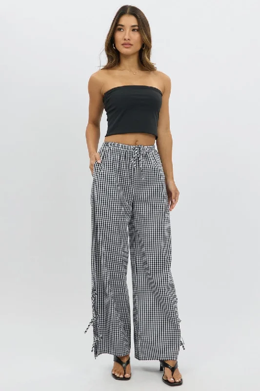 Black Check Wide Leg Pants Side Ribbon Elegant Palazzo Trousers