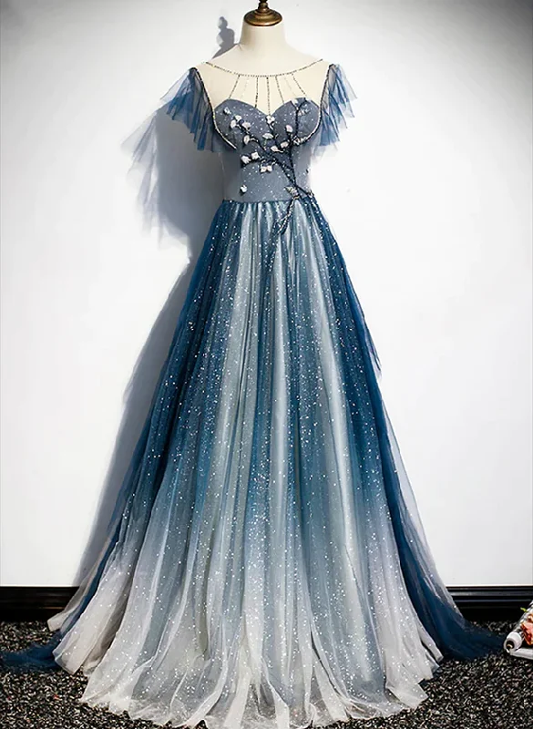Blue A-line Round Neckline Beaded Prom Dress, Blue Round Neckline Party Dress Tunics Velvet soft