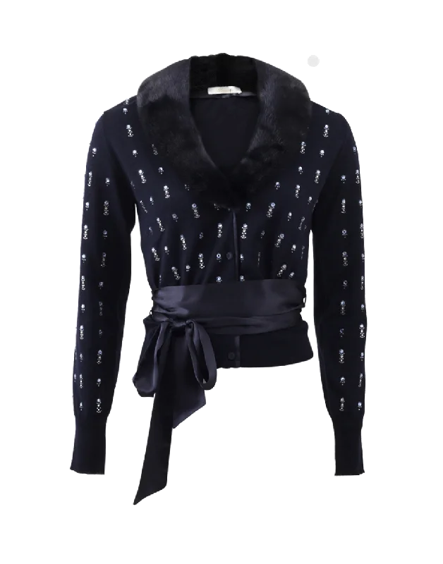 Fur Trim Jeweled Cardigan Real Fur Shearling Chenille