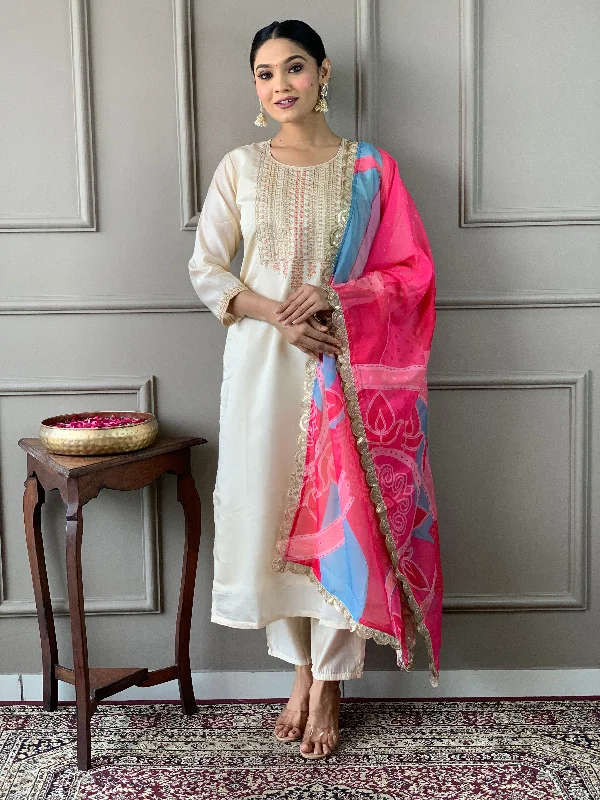 Women's Off White Viscose Chanderi Embroidery Worked Kurta With Pant And Duppata Set - Dwija Fashion Slim-Fit Leggings