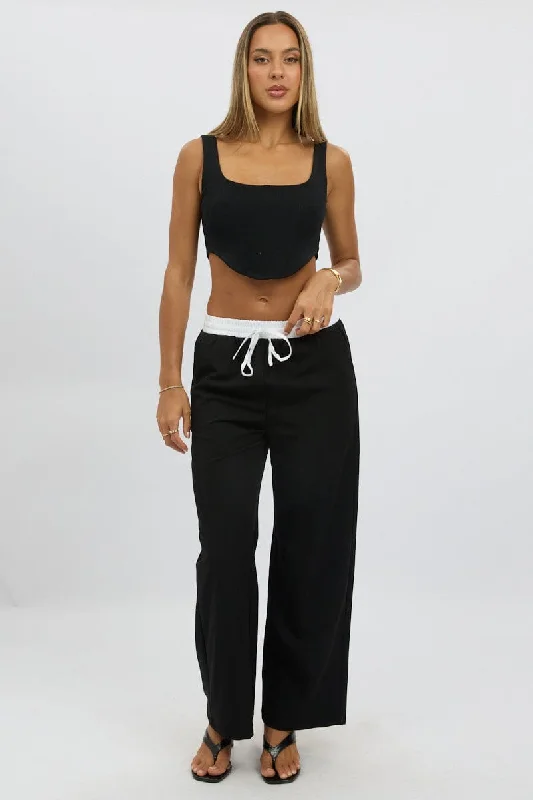 Black Wide Leg Pants Elasticated Contrast Waist Trendy Velvet Pants