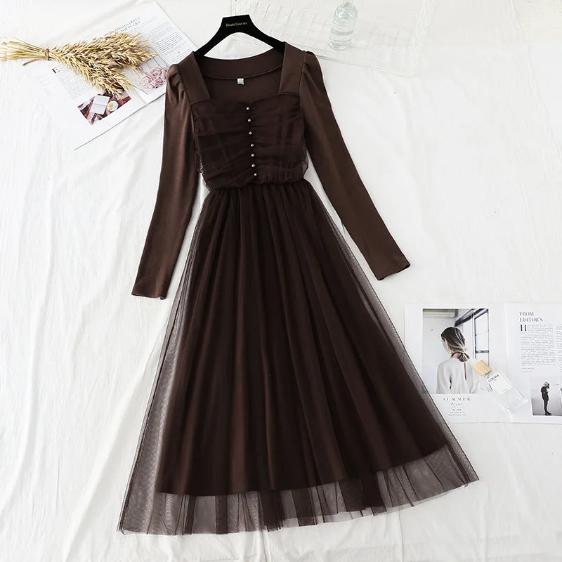 New style square neck slim French retro light cooked wind bottomed skirt  4752 wool skirt warm
