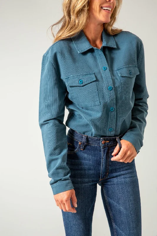 Kimes Ranch Womens Cloverleaf Shirt Dark Blue 100% Cotton Cotton Jacket Notch Collar Peter Pan Collar Cowl Neck