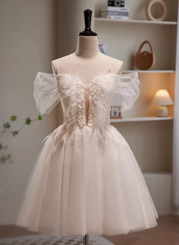 Cute Ivory Beaded Off Shoulder Short Party Dress, Tulle Graduation Dress Formal Dress Tunics Canvas sturdy