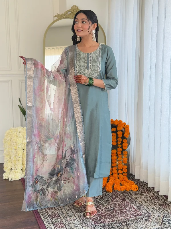 Women's Pista Embroidered Viscose Fabric Straight Kurta, Pant And Dupatta Set - The52 Formal Slim Pants