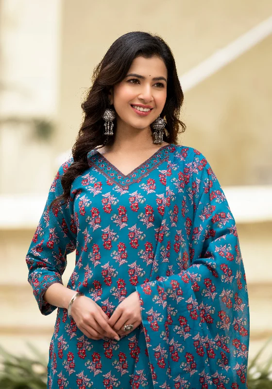 Women's Blue Printed Viscose Rayon Kurta, Pant And Dupatta Set - Alvami Lightweight Jogger Pants