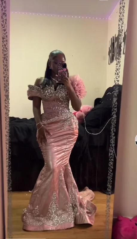 Gorgeous Pink Off Shoulder Beading Mermaid Black Girl Long Evening Party Dress DP3952 Tunics Stylish elegant