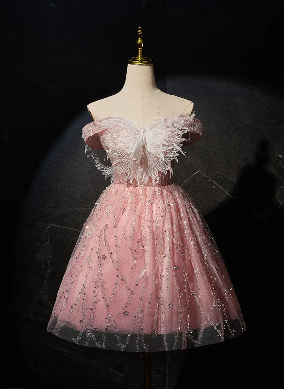 Pink Off Shoulder Shiny Tulle with Lace Party Dress, Pink Homecoming Dress Formal Dress Sequined Elegant Party