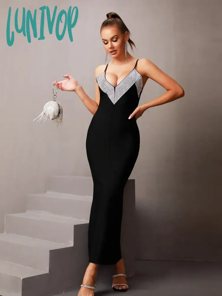 Lunivop Luxury Women Summer Sexy V Neck Diamonds Sparkly Black Maxi Long Bodycon Bandage Dress Elegant Evening Club Party Dress Crew Neckline Sporty