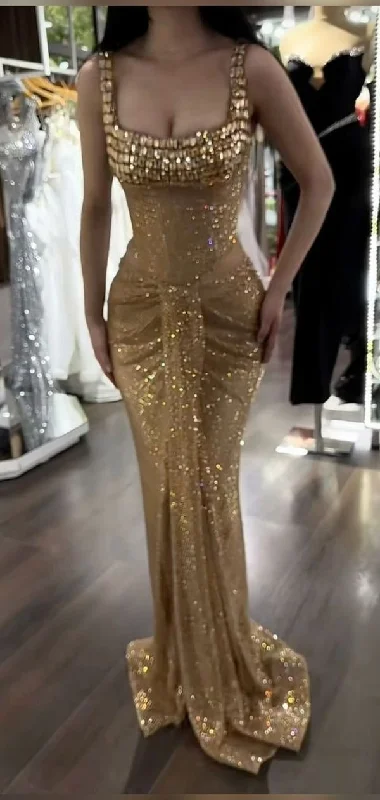 Gold Straps Mermaid Beading Long Party Dress Evening Gown, DP4159 Tunics Travel practical