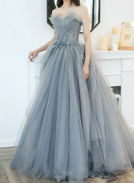 Charming Grey Tulle Long Sweet 16 Gown with Flowers, Grey Formal Dress Party Dress Bodycon Fitted Nightout