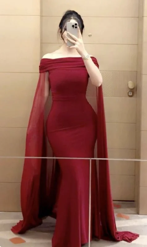 Wine Red Off Shoulder Mermaid Satin Long Party Dress, DP4348 Tunics Lace romantic