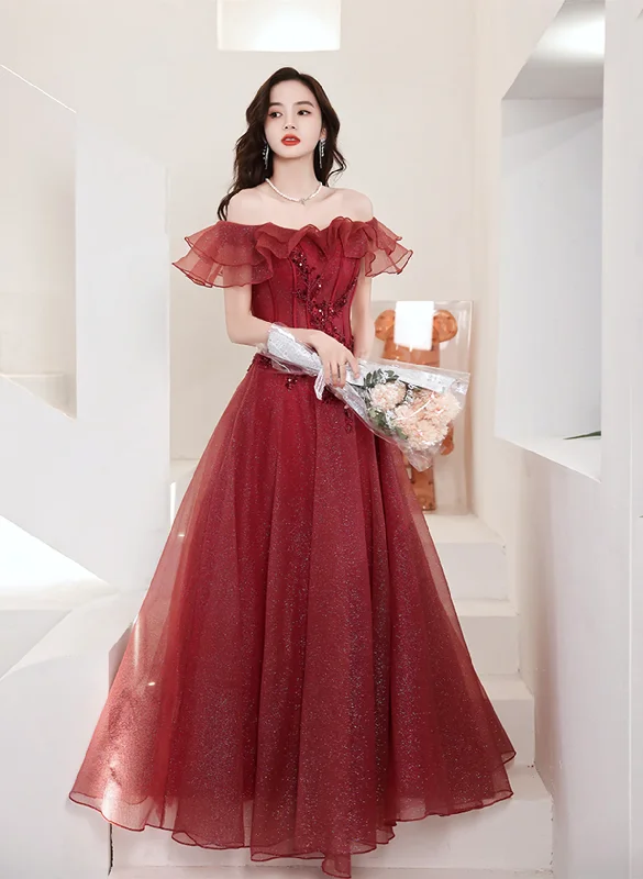 Wine Red Tulle Off Shoulder Long Party Dress, Wine Red A-line Prom Dress Peplum Ruffle Cocktail