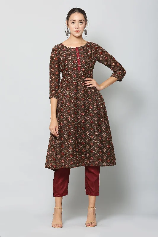 Women's Brown Color Chanderi Silk Blend Digital Printed Kurta Pant Set - VAABA Trendy Velvet Pants
