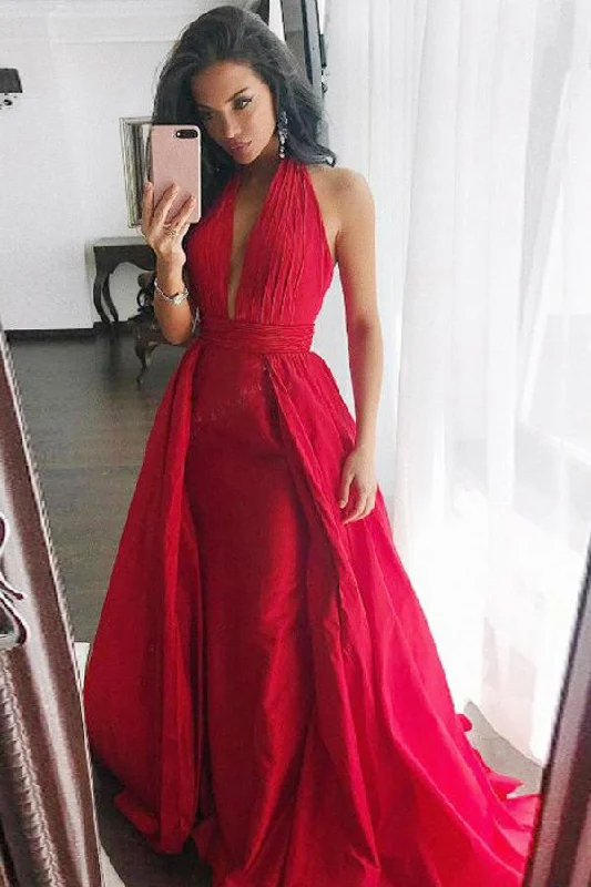 Sheath Halter Sweep Train Pleated Red Satin Prom Dress Sleeveless V Neck Party Dress WK482 Tunics Summer linen