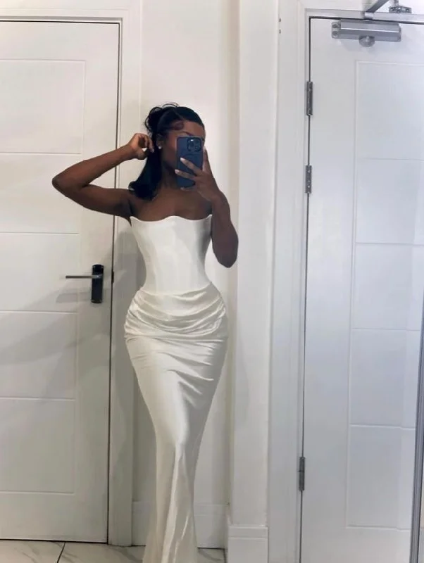 White Strapless Mermaid Satin Long Evening Party Dress, DP3757 Boat Neckline Classic