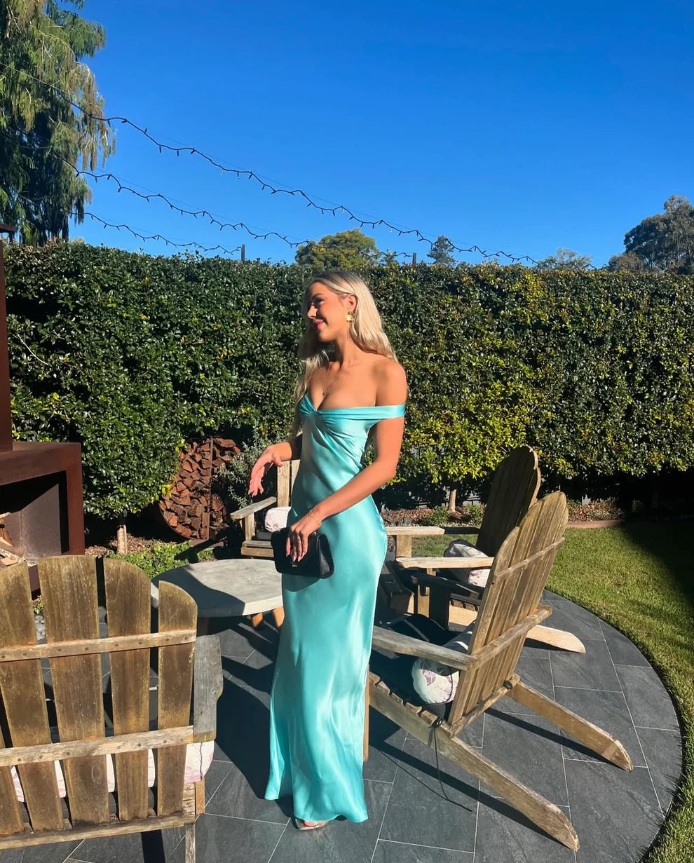 Elegant Blue Off Shoulder Mermaid Satin Long Party Dress, DP4259 Tunics Denim casual