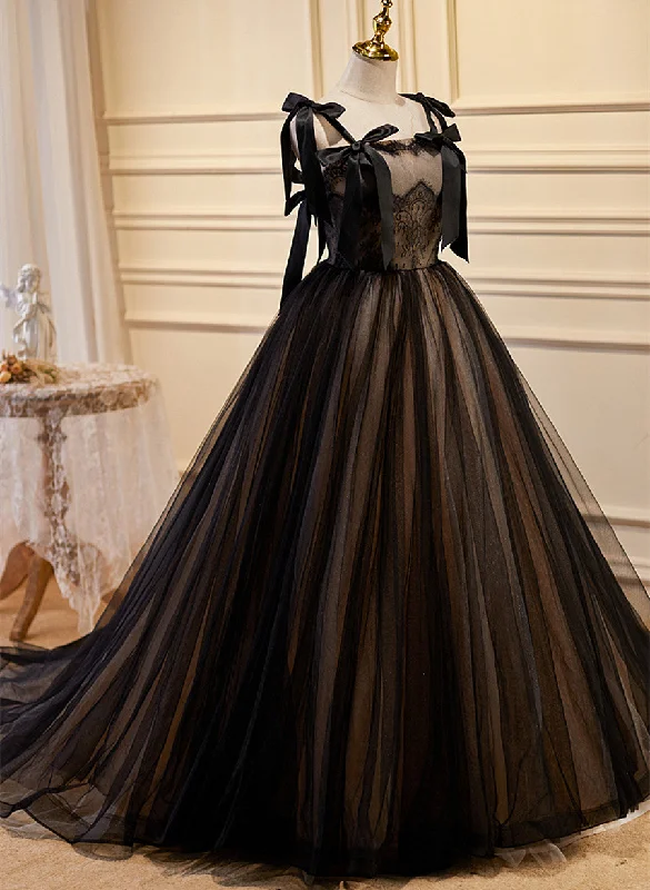 Black and Champagne Tulle Straps Prom Dress with Bow, Black Long Party Dress Tunics Satin smooth