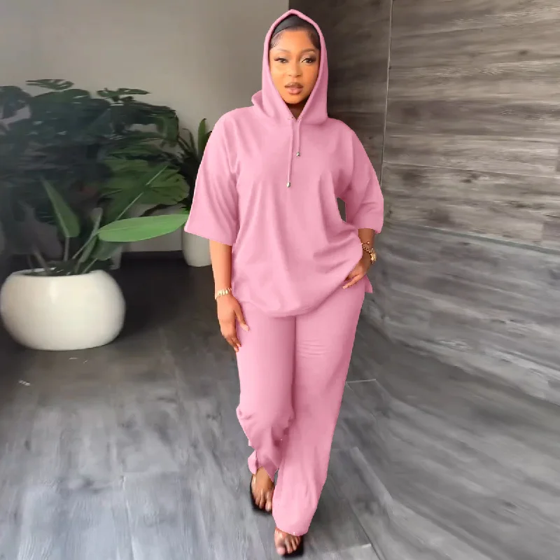 Women Casual Soloid Color Long Sleeve Hoodie And Pants Two-Piece Set Soft Stretch Leggings