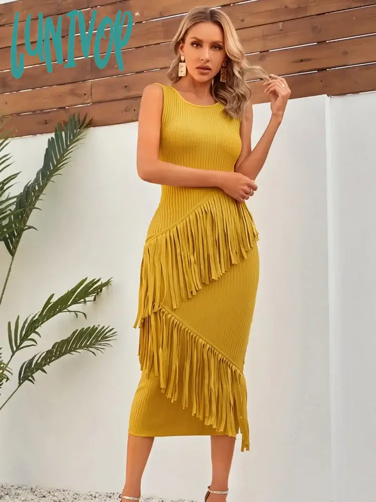 Lunivop Women Celebrity Sexy O Neck Tassel Ginger Yellow Midi Bodycon Bandage Dress Elegant Evening Club Party Dress Tunics Corduroy durable